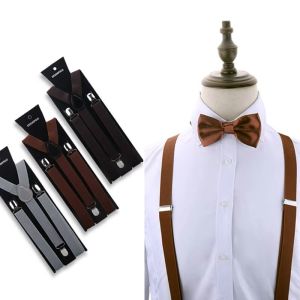 Suspenders Man Bowtie Solid Color Elastic PU Leather Suspenders For Man Belt Adjustable Straps Wedding Bow Tie Accessories Gifts
