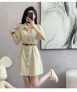 Retro French Workwear Short Sleeve Shirt Dress Women Summer Unique Design Slimming Waist Polo Collar Dress Elegant A-Line Skirt