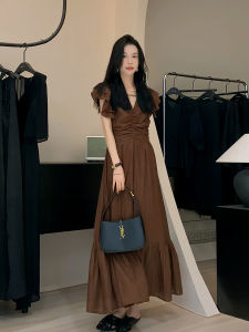 French Vintage Gentle Hollow out Waist Cinched V Neck Dress Summer Design Sense Bubble Sleeve Elegant Brown a Line Skirt