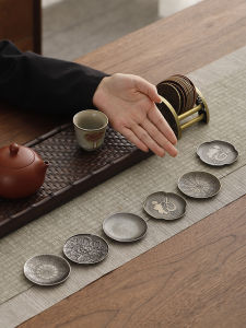Japanese-Style Antique Copper Coaster Alloy Insulation Tea Cup Holder Distressed the Saucer Kung Fu Tea Utensils with Storage Rack