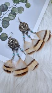 Ready Stock SG Silver Emblem Ivory Chukar Pheasant Petite Feather Earrings Handmade Boho Feather Earrings