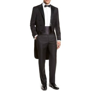 2 Piece Black Tailcoat Tuxedo Slim Fit Double Breasted Peaked Lapel Dinner Jacket Swallow-Tailed Formal Suit for Wedding Prom