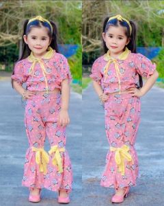 ชุดเซทคอปกน้องแมวกางเกงขาบาน แต่งโบว์ พร้อมผ้าผูกผม