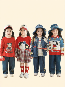 YOEHYAUL | Spring Denim Jacket Girls Checkerboard Fake Two-Piece T-Shirt Set