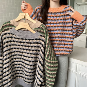 Wanita sweaters rajut lengan panjang Retro Patching warna garis longgar atasan
