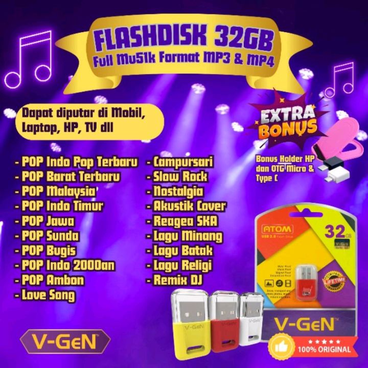 FLASHDISK 32GB ISI FULL MUSIC BERBAGAI GENRE FORMAT MP3 MP4 GRATIS