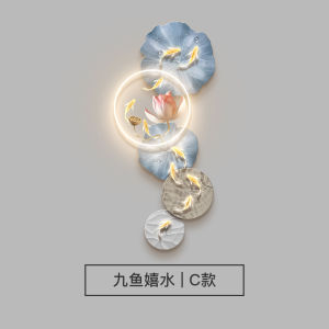 Nine Fish Pattern Entrance Painting Modern Light Luxury Lotus Corridor and Aisle Painting Fancy with Clock Luminous Mural