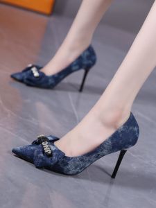 Autumn new temperament pointed denim rhinestone bow high heels 2024 elegant with skirt stiletto shoes