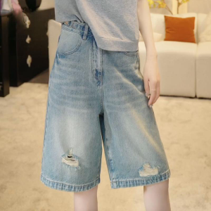 Shalldoer | American Style Worn Thin Hole Five-Quarter Denim Shorts Womens High Waist Slim Straight Leg Pants Summer Casual Fashion