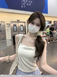 Pure Cotton Lace Splice Fishbone Embroidery Slim Fit Sleeveless Short Top Square Collar Summer New Style Womens Vest