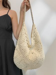 Handwoven Bohemian Large Capacity Casual Shoulder Bag for Beach Vacation Hook Knitted Bag Soft Polyester Lining Foldable Bag