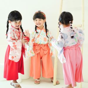 Augelute Japanese Style Girls Spring Autumn Kimono Set Top Bottom Two-Piece Childrens Clothing Set Cotton Floral Print