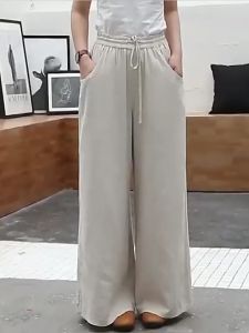 DressQueen-Plus Size Linen Elastic Waist Solid Wide Leg Pants High Quality