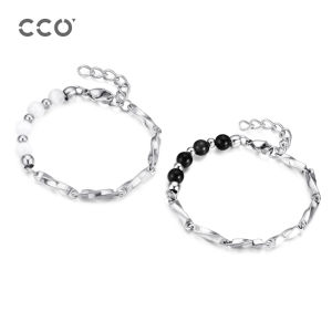cco | Mobius Style Couple Gift Black White Silver Obsidian Bead Bracelet