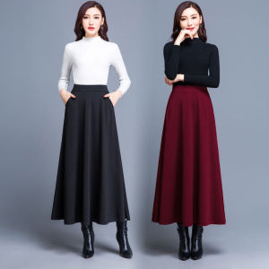 Elastic Waist Mid Length Skirt Women High Waist Large Hem Skirt Slimming Plus-sized Long Skirt