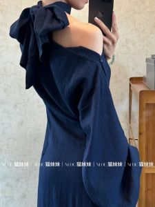 Original Long Sleeve Qing Blue Modified Cheongsam Ghostess Skirt Collar Buttoned Multi-wear Retro Style Slim Fit Dress