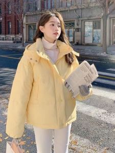 Korean Style Short Cotton Jacket with Hood Student Fashion Outerwear Polyester Fabric Thickened Long Sleeve Zipper Closure Solid Color
