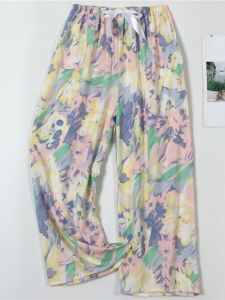 Womens Cotton Silk Sleepwear Summer New Thin Cartoon Print Nine Points Pants Loose Large Size Home Clothes Casual Home Scene