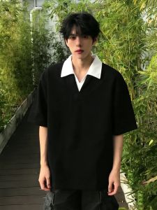OUMULONG | Layered Look Polo V-Neck T-Shirt