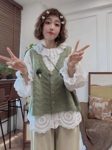 Autumn Design 3D Mushroom Embroidery Knitted V-Neck Sleeveless Open Cardigan Sweater Womens Vest Top Korean Style Loose Fit