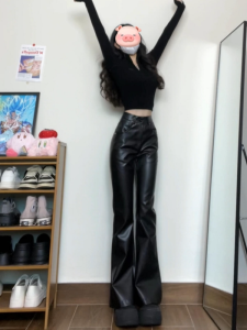 High Waist Bell Bottom PU Leather Casual Pants for Taller Women 180 plus American Style Slimming Leggings Retro Pocket Detail