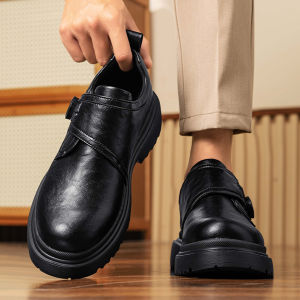 Casual Derby Shoes Mens Spring Autumn Full Black Thick Bottom Heightening Leather Shoes Comfortable Breathable for Business Commuting