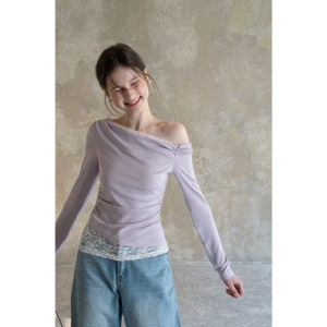 Shoulder-off Lace Splice Long Sleeve Tshirt Waist-defining Blouse