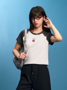 Woodie Series SPAO 2025 Summer New Womens Bear round Neck T-shirt Casual Style Short Sleeve Regular Length Summer Top