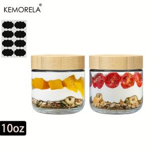KEMORELA 2/4PCS Glass jars 290/470ML with Airtight Lids Overnight Oats Containers with Bamboo Lids Wide mouth Mason Salad jar