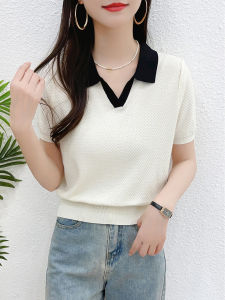 Ice Silk Knitted Top Womens Short Sleeve T-Shirt 2025 Autumn New Style Lyocell Base Shirt Fashionable White Collar Top Thin