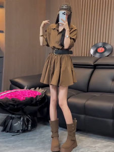 ชุดเดรสคอโปโลแขนยาวทรงเอเอวสูงสไตล์ฝรั่งเศส ชุดเดรสฤดูใบไม้ร่วง 2025 สำหรับผู้หญิง ชุดเดรสยาวปานกลาง ชุดเดรสลำลอง