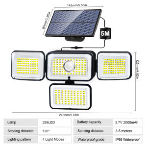 Solar Lights Outdoor 333/288/270 LED 4 Heads Motion Sensor Wall Lights Remote Waterproof Street Area Light Patio Garden Garage