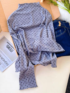 QINGNAER | Sweet and Elegant Polka Dot Stand Collar Stretch Blouse
