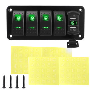 12V 24V DC 3/4/5/6/8 Sets of Marine Control Lever Switch Panel with 4.8A Dual USB Charger Voltage and Sticker Green
