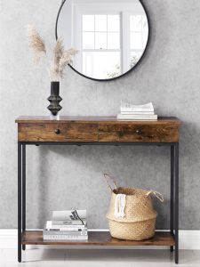Simple Wall-Mounted Solid Wood Console Table with Drawer Iron Art Entrance Cabinet Black Walnut Color Customizable Home Furniture