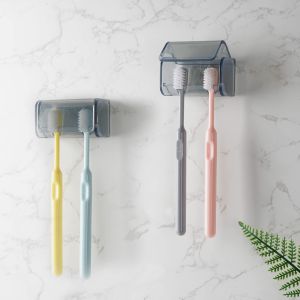 ที่ราวไม้แขวนแปรงสีฟันแบบติดด้วยตนเองสำหรับฝักบัวออแกไนเซอร์จัดเก็บแปรงสีฟันติดที่ใส่แปรงสีฟันติดผนังพร้อมฝาปิด2ช่อง