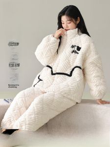 MiiOW | Cat Person Coral Fleece Padded Thickened Winter Sleepwear Womens Home Clothes Set Long Sleeve Stand Collar Full Length Pants