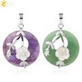 CSJA Natural Stones Pendant for Necklace Round Flower Leaf Amethysts Rose Quartz Rock Crystal Healing Tiger Eye Jewelry G384. 
