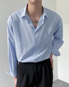 Áo Sơ Mi Nam Dáng Rộng Cổ Bẻ Dài Tay Mùa Xuân Kẻ Sọc Thường Ngày Thoải Mái Phong Cách Hàn Quốc Bộ Sưu Tập Xuân 2024