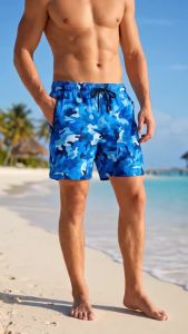 Mens Camo Printed Beach Shorts with Mesh Liner Summer Casual Board Shorts with Zipper Pockets Quick Dry Swim Shorts Swim Trunks