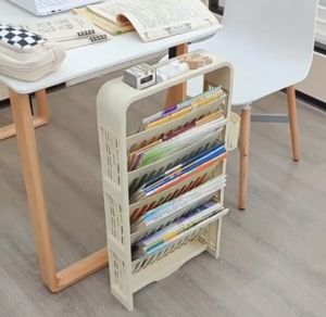 ชั้นวางหนังสือ 5 ช่อง ประหยัดเนื้อที่ เอาสายรัดกับขาโต๊ะ กันเลื่อนได้