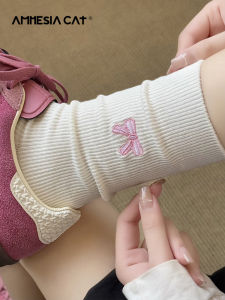 White Butterfly Knot Cotton Socks Womens Mid-Calf Summer Thin Pure Cotton Miu Ballet Style Over-The-Knee Trendy Socks