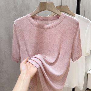 เสื้อยืดคอตุ้มแขนสั้นทรงสลิมฟิตสำหรับผู้หญิงในช่วงฤดูร้อน ทรงหลวม ทรงลำลอง สีเทา เสื้อแขนสั้นทรงเข้ารูป เส้นใยไลโอเซลล์