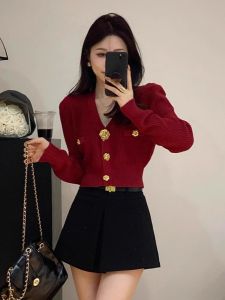 Short V-Neck Knitted Open Cardigan Beautiful Womens Top European Style Spring New Red Long Sleeve Sweater Korean Loose Fit