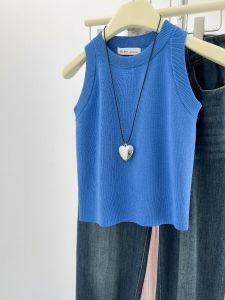 French Blue ผูกเชือก ไม่มีสาย เสื้อกั๊ก ผู้หญิง ฤดูร้อน แจ๊กเก็ต เรียบหรู น้ําแข็งถักสวยงาม ผ้าไหม แขนกุด สลิมฟิต เสื้อ