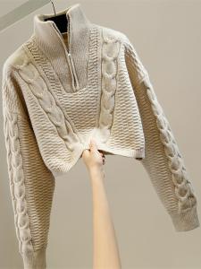 Ladies Short Knitted Sweater Lazy Style Half Zipper Twist Yarn Spring Autumn Fashion Korean Version Thickened Warm Woolen Top