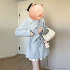 CHANGTONG | Elegant Thickened Woolen Coat Waist-Cinching Midi Length Compact Autumn Winter Outerwear Simple Style Button Pocket Details