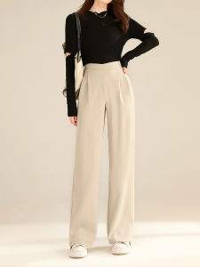 Womens Suit Pants Drapey Floor-Length Commuter Straight Loose Wide Leg High Waist Trousers Casual High Waist Polyester Fiber