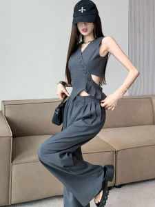 Elegant Two-Piece Suit for Women Lightweight Chic Blazer and Wide-Leg Pants with V-Neck Design High-Quality Fashion