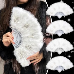 พัดขนนกสีขาวพับได้พัดมือของตกแต่งงานแต่งงานไข่มุกสีขาวเครื่องแต่งกายชุดเต้นพัดขนนกสำหรับเต้นรำสไตล์จีนโบราณตกแต่งงานปาร์ตี้